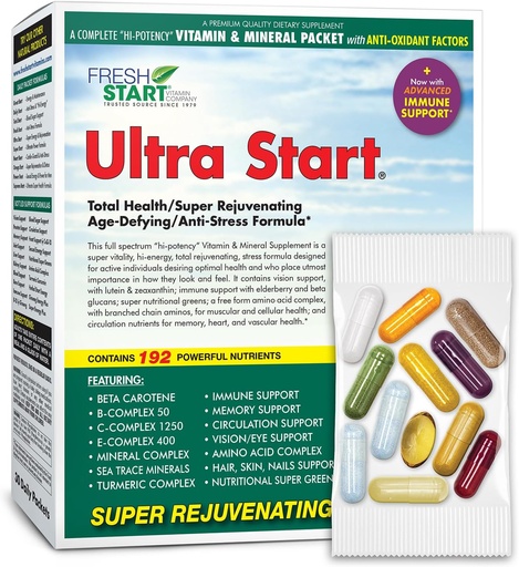 [BRSWGHYRCJ6GGHL2] Ultra Start Complete Daily Vitamin Pack | Антивозраст, поддержка стресса, иммунный бустер | Витамин A, B, C, D, E, биотин, минералы, бузина, бета-глюканы, грибы, аминокислоты, куркума (30 пакетов)