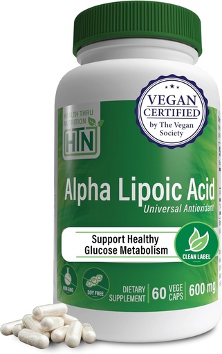 [BRSWG2YQPMOWADTJ] Helse Thru Nutrition Alpha Lipoic Acid 600mg 60 Servings | Certifisert Vegan  Universal Universell Antioksidant | Ikke-GMO, 3rd Party Testet, Hypoallergenic, Glutenfri, Soya Gratis ALA Kapsler