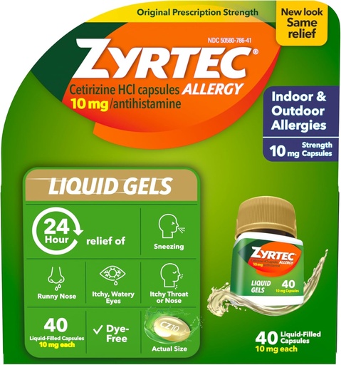 [BRSWIYL5BAIBK2T4] Zyrtec 24 Hour Allergy Relief Liquid Gels, Antihistamine Capsules with Cetirizine HCl Allergy Medicine for All-Day Relief from Runny Nose, Sneezing, Itchy Eyes & More, 40 Count