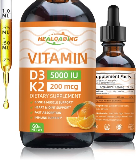 [BRSRAFQ6CMMQAGTG] Organic Vitamin D3 + K2 Drops: 5000 IU Plant-Based D3 & 200mcg K2 Liquid Supplements | Fast Absorption for Immune Support, Bone Health & Heart Care | Vegan, Non-GMO (30ml)