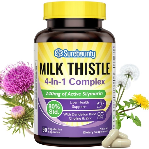 [BRSRMZQHBEOR63LG] 4-in-1 Milk Thistle Complex for Men & Women, Milk Thistle Extract with 240mg of Active Silymarin, 80% Std, with Dandelion, Choline, Zinc, Liver Detox & Repair, Non-GMO, Once Daily, 90 Veggie Caps