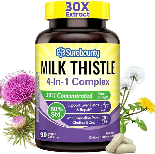 [BRSRMZQHBEOR63LG] 4-in-1 Milk Thistle Complex, 9000 mg Putere, 30X concentrat extract de semințe, cu Dandelion, Choline, Zinc, Fatty Suplimente de ficat, suport hepatic, Non-GMO, 90 Veggie Caps, 3 luni de aprovizionare