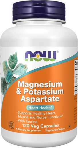 [BRSWIYQRBMGWIDQ5] NOW Voedingssupplementen, Magnesium & Kalium aspartaat met Taurine, Hartgezondheid*, 120 Veg Capsules