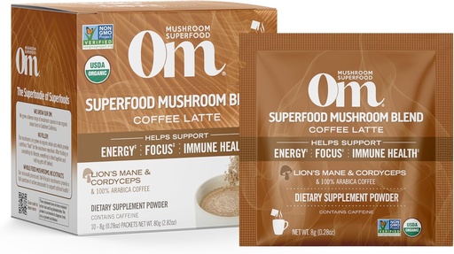[BRSWYZQCBMIBMHLK] Om Mushroom Superfood Coffee Latte Blend Mushroom Powder, Single Serve, 10 Count, Lion's Mane, Cordyceps, Reishi, Chaga, Energy & Mental Clarity Support Supplement