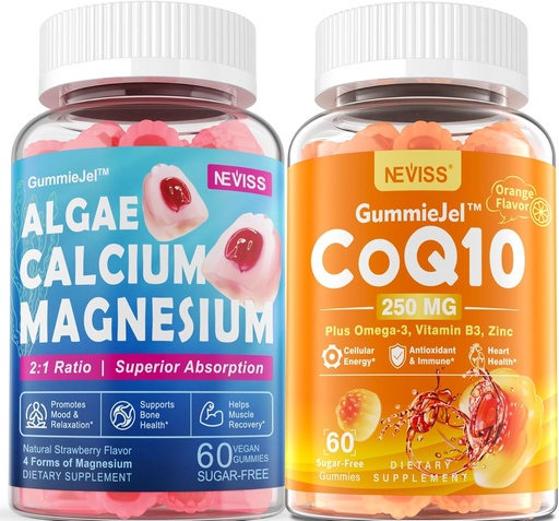 [BRSRAYYDCQFGMELO] Sugar Free Calcium Supplement 600mg, Algae Calcium Magnesium 2:1 Ratio + Sugar-Free CoQ10-250mg Filled Gummies, High Absorption Coenzyme Q10