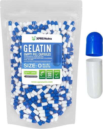[BRSWYYY7CUIWA2DV] XPRS Nutra Size 0 Empty Capsules - 1000 Count Empty Gelatin Capsules - Pills DIY Capsule Filling - Pure Bovine Pill Gel Caps for Do-It-Yourself Supplements (Blue/White)