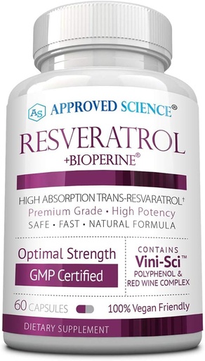 [BRSWYGAKDN6QY3QV] Godkänd Science® Resveratrol - 1000 mg Trans Resveratrol - 250 mg polyfenol - 98% Purity Level - Inkluderar Bioperine® - 60 Vegan Friendly Capsules - 1 flaska
