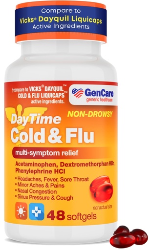 [BRSROHY7PJ7RYDIU] GenCare - Multi Symptom Non Drowsy Daytime Cold & Flu Relief Acetaminophen 325mg, Dextromethorphan HBr 10mg, Phenylephrine HCl 5mg (48 Softgels) Non Habit Forming Pain Reliever & Nasal Decongestant