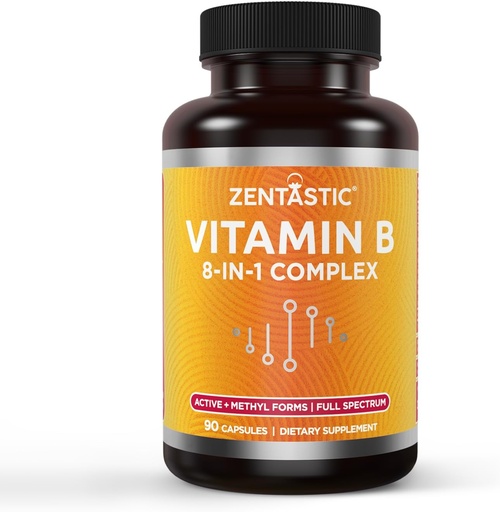 [BRSRAYLYA4AWM3AY] Zentastic Vitamin B-Complex - All B Vitamins with B12, B6, B9 Folic Acid, Choline, Inositol - Active and Methyl Forms - Nervous System, Energy, Metabolism, Immune Support - 90 Vegan Capsules