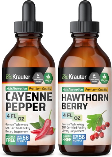 [BRSRAAANB4PBY33V] BIO KRAUTER Cayenne Teinture 4 Fl. Oz. & Hawthorn Teinture de baie 4 Fl. Oz.