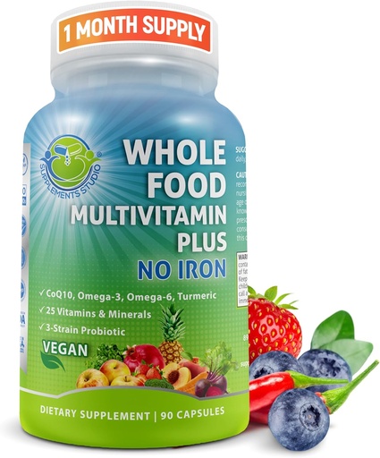 [BRSW2ZAQBYFWM2QY] Vegan Whole Food Dagelijkse Multivitamine zonder ijzer, Gemethyleerde Multivitamine voor vrouwen en mannen, Gemaakt met groenten en fruit, B-complex, Probiotica, Enzymen, CoQ10, Omega's, Kurkuma, Non-GMO, 90 Tellen