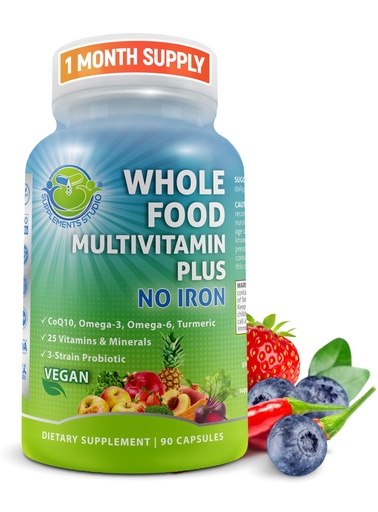 [BRSW2ZAQBYFWM2QY] Vegan Whole Food Daily Multivitamin Without Iron, Methylated Multivitamin for Women and Men, Made with Fruits & Vegetables, B-Complex, Probiotics, Enzymes, CoQ10, Omegas, Turmeric, Non-GMO, 90 Count