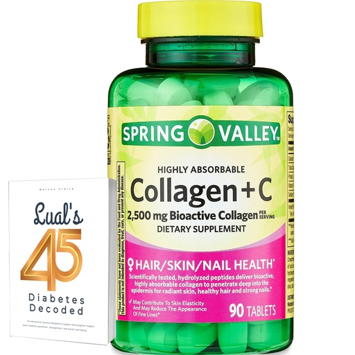 [BRSRMBL7DMFRYCTH] Spring Valley Collagen + C Tablets for Hair/Skin/Nail Health, 2,500 mg, 90 Count, Highly Absorbable, Collagen Plus Vitamin C Bundle with Luall's 45 Diabetes Decoded