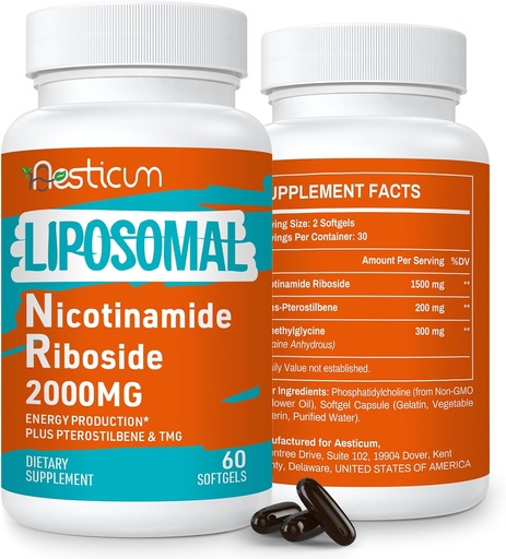 [BRSRAEI7B5YGAFD6] 2000 MG Liposomal Nicotinamide Riboside Supplement met TMG & Pterostilbene, Hoge Biobeschikbaarheid NAD+ Boosting Supplement, Superior aan Niacinamide voor energie, Immuniteit, Leeftijdsweerstand, 120 Softgels