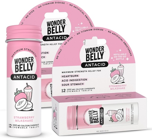 [BRSROCT2DIJRUEYZ] Wonderbelly Antacid, Effective Heartburn & Instant Acid Indigestion Relief, Travel Size Extra Strength Chewable Tablets, 1000 mg Calcium Carbonate, Strawberry Milkshake, 12 Count (Pack of 2)