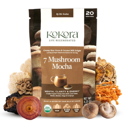 [BRSRAGAOOBYQIAA4] kokora 7 Mushroom Mocha - Energizes & Promotes Mental Clarity* - Organic Adaptogenic Mushroom Powder with Turkey Tail & Lions Mane - Vegan, Non-GMO, No Added Sugar - 120g - 20 Servings