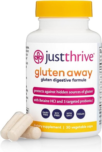 [BRSRE2T4BAFQEYD5] Just Thrive Gluten Away - 30 Services Digestive Enzymes + Probiotic Υποστήριξη για την Άμυνα Γλουτένης - Vegan, συμπλήρωμα υγείας κόκκων
