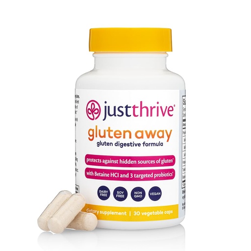 [BRSRE2T4BAFQEYD5] Just Thrive Gluten Away - 30 Servings Digestive Enzymes + Probiotic Support for Gluten Defense - Vegan, Gut Health Supplement