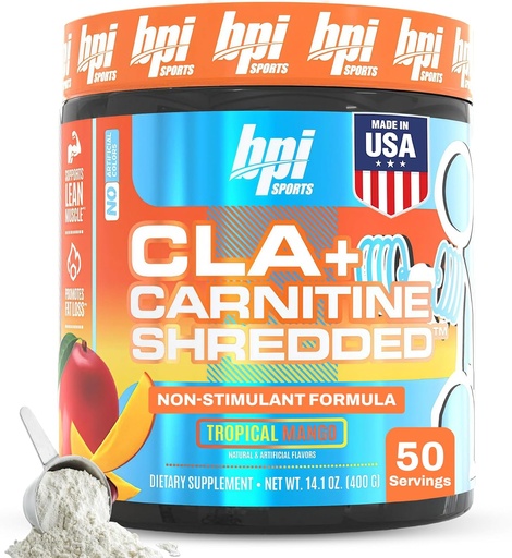[BRSWYZIYOEPGGFDX] BPI Sports CLA + Carnitine Shredded - Convert Fat Cells Into Energy and Supports Lean Muscle, Boost Metabolism - Non-Stimulant L-Carnitine Supplement - Tropical Mango (14.1 oz. / 50 Servings)