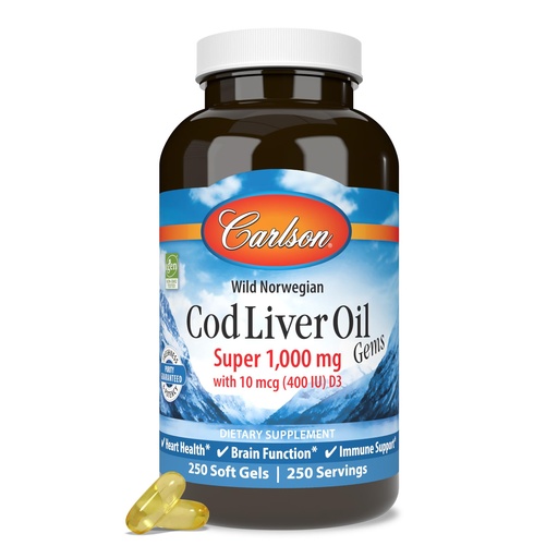 [BRSWIYYFAV5G2CLK] Carlson - Cod Liver Oil Gems, Super 1000 mg, 250 mg Omega-3s, 400 IU (10 mcg) Vitamin D3, Wild Caught Norwegian Arctic Cod Liver Oil, Capsules, 250 Softgels