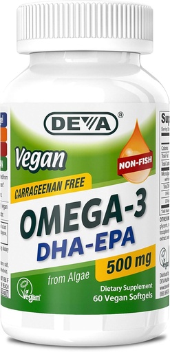 [BRSWYFDRBB5GEC35] DEVA VAGAN Omega-3 DHA-EPA 500MG – 无卡拉盖南,无鱼油衍生自藻类,非GMO,60 Gelatin-Free Softgels
