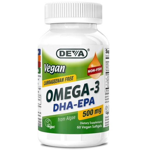 [BRSWYFDRBB5GEC35] DEVA Vegan Omega-3 DHA-EPA 500MG – No Carrageenan, Non-Fish Oil Derived from Algae, Non-GMO, 60 Gelatin-Free Softgels