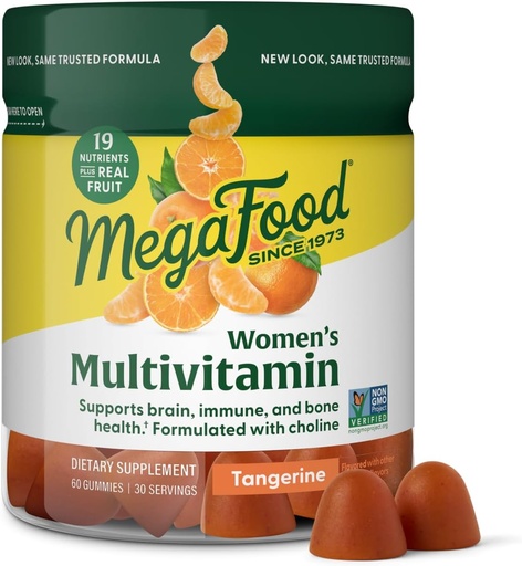 [BRSWYBA7CMGQGDT3] Multivitamines pour femmes MegaFood - Vitamines Gummy - Vitamine C, Vitamine D, Zinc, Vitamine B12 et Choline - Soutien immunitaire et santé des os - Végétarien - Tangerine - 60 Gummies (30 portions)
