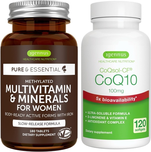 [BRSROHY3OBYWEHTB] Multivitamina e minerali per le donne + alto assorbimento CoQ10 100mg 120 Softgels Energy Bundle, rilascio prolungato Multivitamina + CoQ10 avanzato con vitamina E & D-Limonene, di Igennus