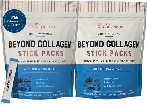 [BRSRAZAYBYNQOD3X] Live Conscious Beyond Collagen Peptides Powder Unflavored Packets-Hydrolyzed Collagen Powder-Hair Skin Nail & Joint Support- I II III V & X Grass-Fed Collagen Supplements for Women & Men 30 Pack (2pk)