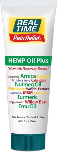[BRSWG2T2CF6QK3AV] Real Time Pain Relief Hemp Oil Plus 4oz Tube | 20 Natural Ingredients: 5% Arnica & Turmeric | Fast Absorbing Lotion for Muscles, Hands, Feet, Ankles, Back, Shoulders, Knees & Joints Discomfort