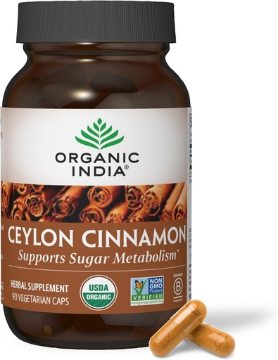 [BRSWKHT3CYHGAYD2] ORGANIC INDIA Ceylon Cinnamon supplement - Organic Ceylon Cinnamon Capsules, Cinnamon Pills Herbal supplement, Support Digestion, Source of Antioxidants, USDA Organic, Vegan, Gluten-Free - 90 Capsules