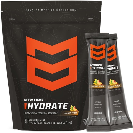 [BRSROZTYC4MWOFLX] MTN OPS Hydrate Electrolytes Powder Drink Mix, 20 Single Serving On-The-Go Electrolyte Packs with Over 1000mg of Electrolytes per Serving, Mango Peach
