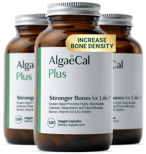 [BRSWGH3ROV4B6HQ4] ALGAECAL Organic Red Algae Calcium Supplement for Bone Density & Strength, Vitamin K2 MK7 (100mg), Vitamin D3 (1600 IU), Magnesium (350mg) & Trace Minerals, Easy to Swallow, 120 Veggie Caps, 3 Packs