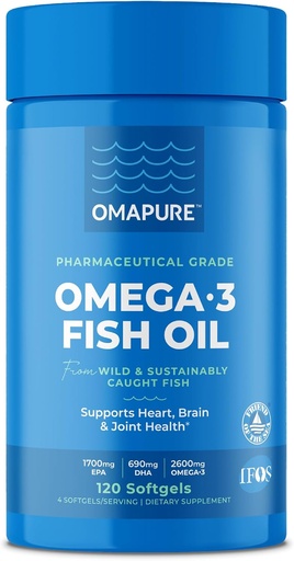 [BRSWIZT6BEDGIFDI] OMAPURE Fish Oil Supplements med Omega 3 fettsyrer (1 flaske, 120 softgels) - høy EPA, DHA, & IFOS fiskeolje piller støtte hjerte og felles helse - Burpless Fish Oil fremmer hjernefunksjon