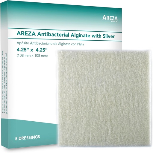 [BRSWKHD7B4NWCAIY] Areza Silver Alginate Antibakterial Wound Dressing Pads - Sterilní, Non- Stick, Vysoce absorbent; pro odsávání ran a riziko infekce (4.25 ″ × 4.25 ″, 5-Pack per Box), 1 Box