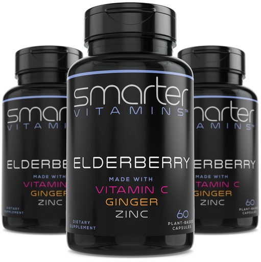 [BRSW2CYQDMIGYH3U] (3 Pack) Smarter Elderberry Capsules + Vitamin C + Ginger & Zinc, Herbal Supplement, Powerful Black Elder Berry Extract Antioxidant Vitamin, 180 Vegan Pills