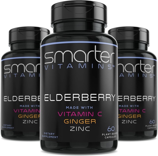 [BRSW2CYQDMIGYH3U] (3 Paket) Smarter Elderberry Capsules + Vitamin C + Ginger & sink, Herbal Supplement, Böyük Qızıl Sarışın Berry Özü Antioksid, 180 Vegan Pills