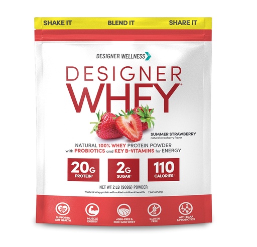 [BRSWIYYKAAPGOHA3] Designer Wellness, Designer Whey, Natural Whey Protein Powder with Probiotics, Fiber, and Key B-Vitamins for Energy, Gluten-Free, Summer Strawberry, 2 lb