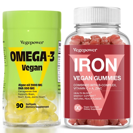 [BRSRAZA3BMFAECYY] Vegan Iron Gummies + Vegan Algae Omega-3 DHA - Best Vitamin Supplement for Women & Men, Non-GMO, Gluten-Free