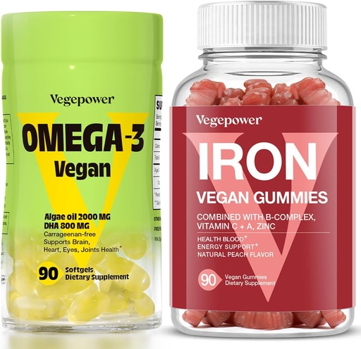 [BRSRAZA3BMFAECYY] Vegan Iron Gummies + Vegan Algae Omega-3 DHA - Cel mai bun supliment de vitamine pentru femei și bărbați, non-GMO, gluten-gratuit