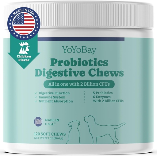 [BRSRAYICCUAQOEY2] Probiotics for Dogs, Dog Probiotics and Prebiotic with Enzymes, for Gut & Digestive Health and Yeast Balance, Support Immune System, Chicken Flavor, 120 Soft Chews