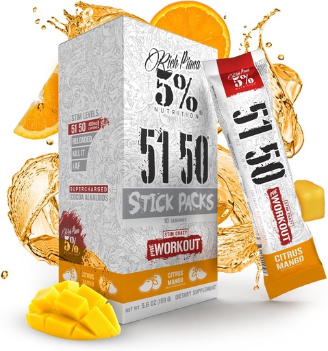 [BRSRMHD3BV6GCF35] 5% Nutrition Rich Piana 5150 High Stim Pre-Workout Powder Packets | Extreme Energy, Focus, Pumps & Endurance | 513 mg Caffeine Complex, Citrulline, Beta Alanine, L-Tyrosine (Citrus Mango) (10 Count)