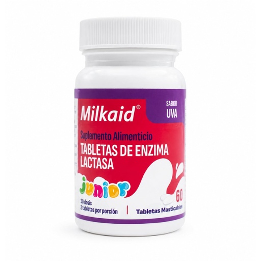 [BRSRAAT4AR7WO2A4] Milkaid Junior Lactase Enzyme Chewable Tablets for Lactose Intolerance | Prevents Gas, Bloating, Diarrhea in Children| Fast Acting Dairy Digestive Supplement for Kids| 60 ct (60 Tablets, Grape)