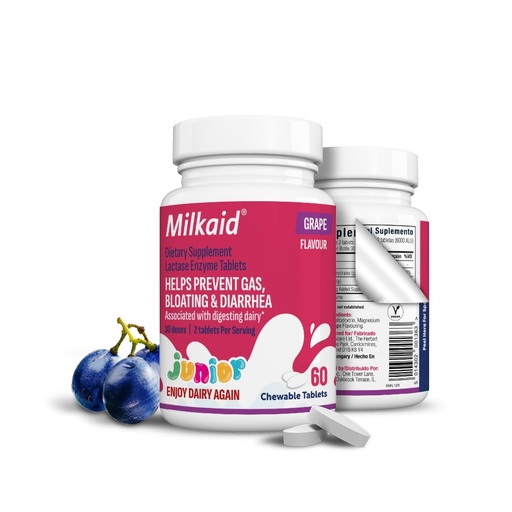 [BRSRAAT4AR7WO2A4] Milkaid Junior Lactase Enzyme Chewable Tablets for Lactose Intolerance | Prevents Gas, Bloating, Diarrhea in Children| Fast Acting Dairy Digestive Supplement for Kids| 60 ct (60 Tablets, Grape)