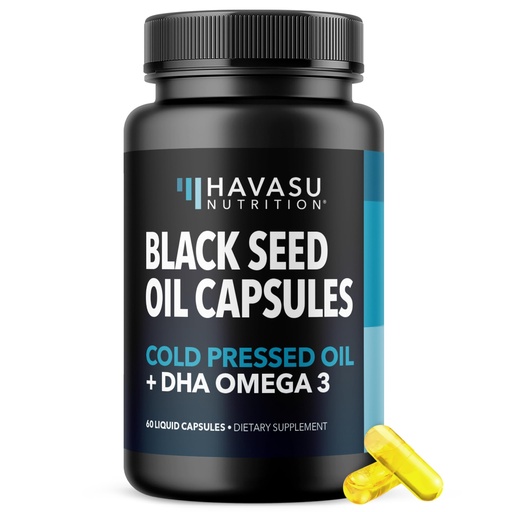 [BRSROC37BYMWE2QV] Black Seed Oil with DHA Supplement for Brain Health and Cognition - Cold Pressed Black Cumin Seed Oil and DHA Omega 3-60 Liquid Capsules, Unflavored, Vegan, Non-GMO, and Gluten-Free - 1 Month Supply