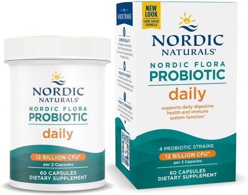 [BRSWIFATB4MQGCLO] Nordic Naturals Nordic Flora Probiotic Daily - 60 Capsules - 4 Strains Probióticos con 12 Culturas de Billón - Bienestar Optimal, Apoyo Inmunitario, Salud Digestiva - No GMO, Vegan - 30 Servimientos