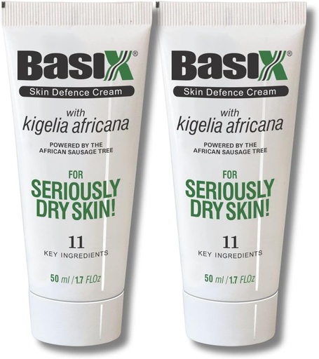[BRSWYCQYAF5RACD7] Basix Skin Defence Repair Cream (Twin Pack) Kigelia African Sausage Tree Soothes Eczema Psoriasis Dermatitis Acne Natural Ingredients for Dry Itchy Skin Lemon Ginger Plum Rosemary Vitamin E Rose Aloe
