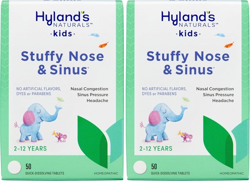 [BRSROAICB4BB63Q7] Hyland's Naturals Kids Stuffy Nose and Sinus Tablets, Cold and Allergy Medicine for Children Ages 2 and up, Headache Relief and Nasal Decongestant, Quick Dissolving Tablets, 50 Count (Pack of 2)