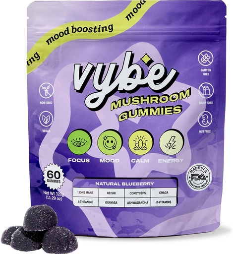 [BRSRA2YQCEIQI33A] Vybe Daily Nootropic Gummies - 8- in-1 Mushroom & Adaptogen Brain Supplement for Focus, Energy, and Mood with Lion 's Mane, Cordyceps, Reishi, Chaga, Ashwagandha (Blueberry, 60- Count)