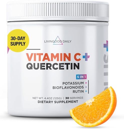[BRSRMZLYCQMRUAD7] Livingood Daily High Dose Vitamin C Powder Suplement, 2.600 MG Accorbic Acid Suptunity & Skin Health, bubuk Vitamin C dengan Quercetin, Dipermanis dengan Stevia, Vegan, 30 Hamba